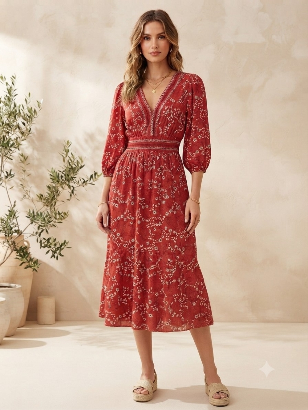 Max Studio Rust Floral V-Neck Smocked Midi Dress